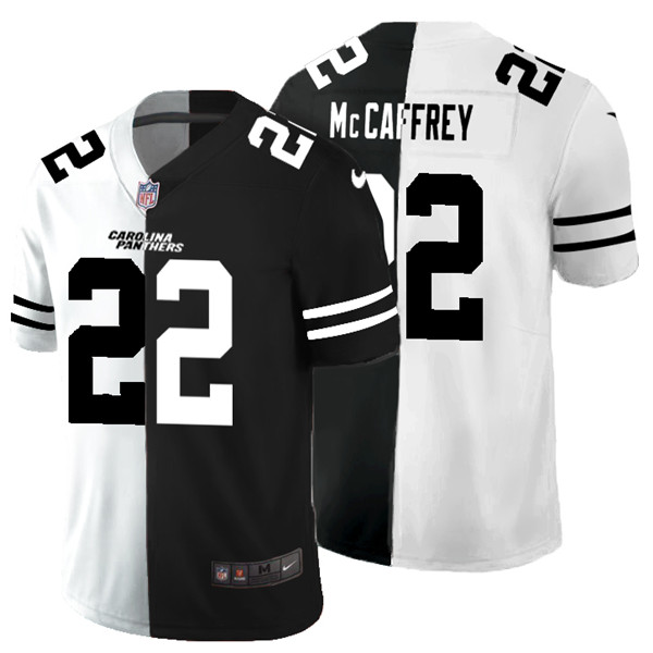 Men's Carolina Panthers #22 Christian McCaffrey Black & White NFL Split Limited Stitched Jersey Limited Stitched Jersey